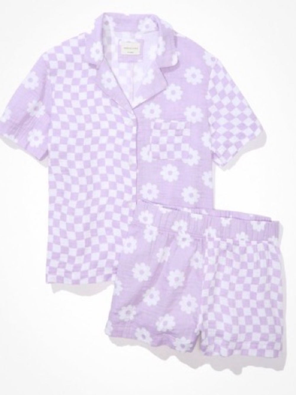 American Eagle AEO Checkered Daisy Purple Cotton PJ Set Shorts Short Sleeve XL